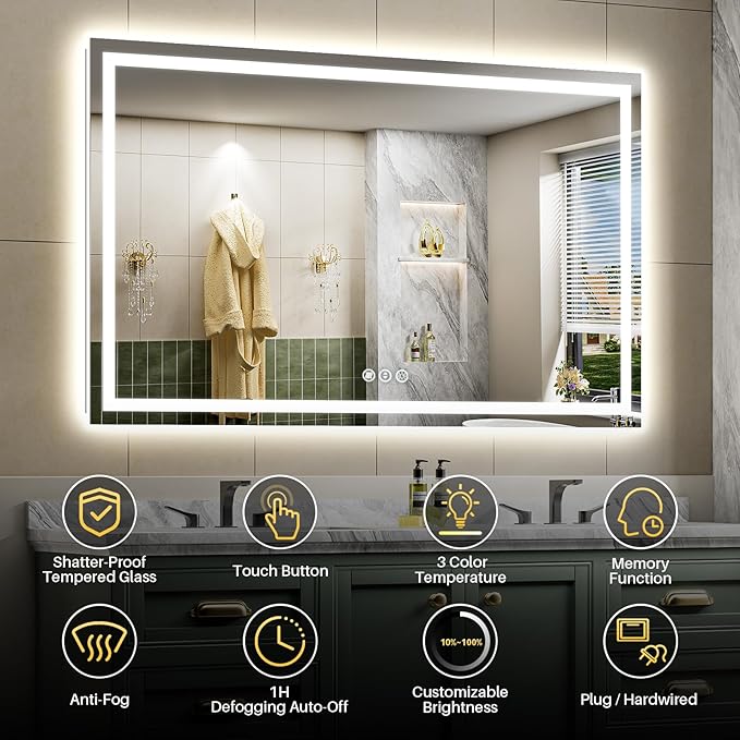 66"x36" LED Bathroom Mirror with Lights, Backlit & Front Lit, Anti-Fog Lighted Bathroom Vanity Mirror for Wall, Memory Function, Dimmable, HD Tempered Glass, Shatter-Proof