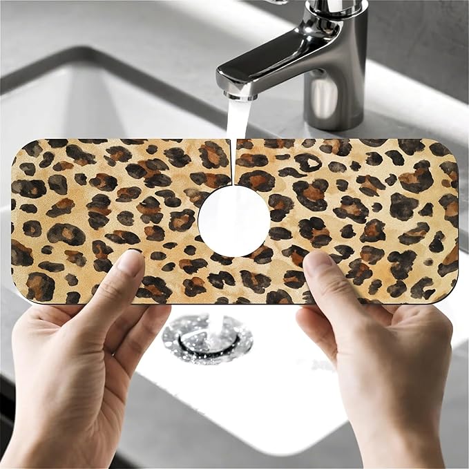 Faucet Draining Mat For Kitchen Sink, Brown Leopard Diatom Mud Absorbent Drain Pad For Bathroom Kitchen Sink Splash Guard Drying Mat