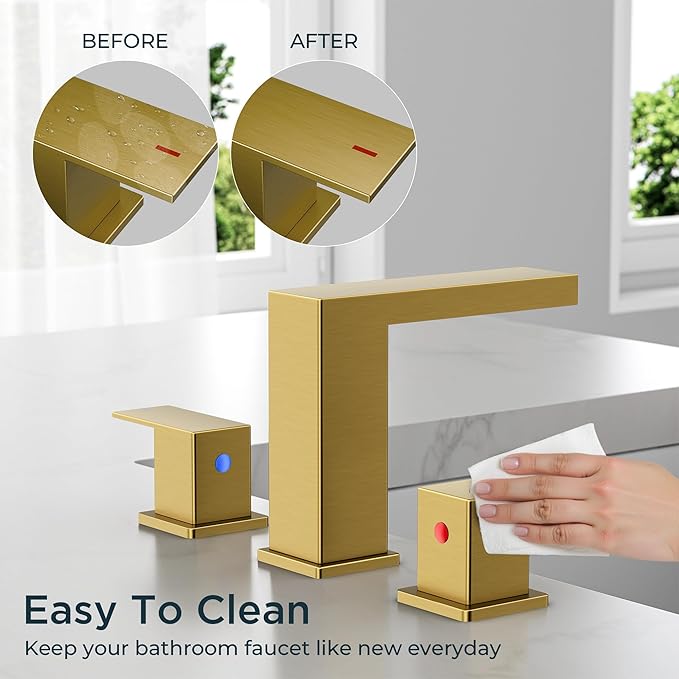 FORIOUS Brushed Gold Bathroom Faucet 3 Hole, 8 Inch Widespread Waterfall Bathroom Sink Faucet Gold with Metal Pop-Up Drain and cUPC Supply Lines Included for Restroom, Lavatory, Vanity Sink
