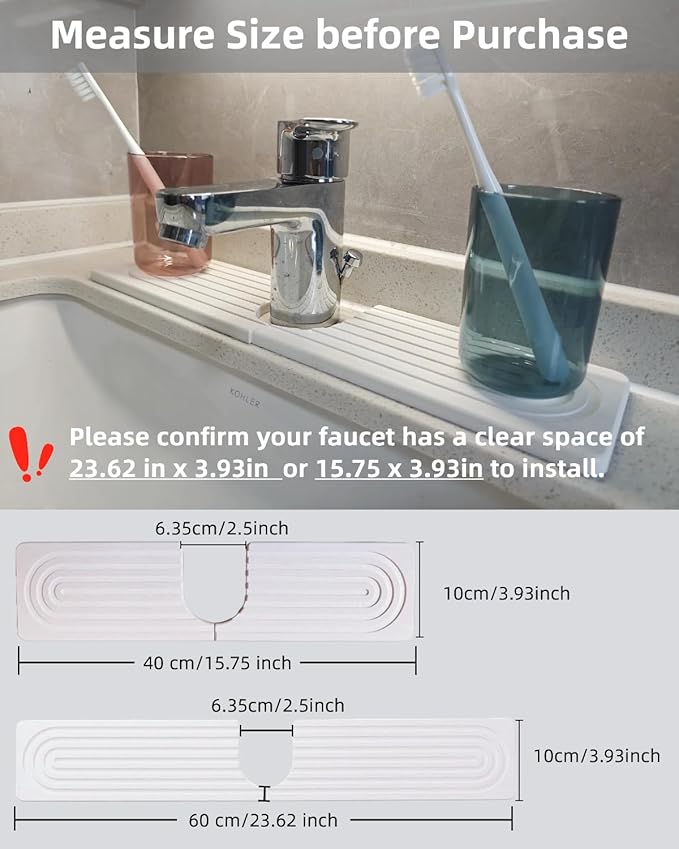 16 Inch Stone Faucet Mat for Kitchen Sink, Diatomite Fast Drying Mat for Kitchen Counter, Water Absorbent Faucet Sink Splash Guard with Raised Feet, Bathroom Counter Protector (White, 15.75"x3.93")