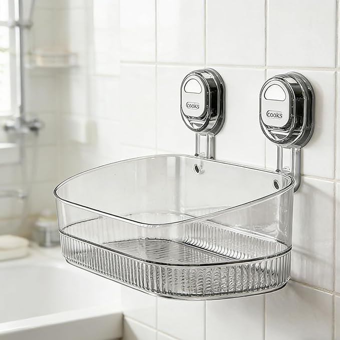 No-Drill Bathroom Suction Cup Storage Shelf - Waterproof Large Capacity Organizer Rack with Strong Suction & Easy Installation for Shower, Toilet, Vanity, Countertop (Clear)