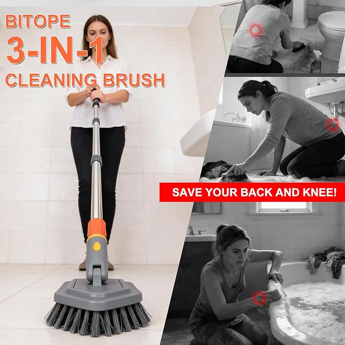 BITOPE Tub Scrubber with 3 Types of Brush Heads, Long Handle Shower Cleaning Brush, Stiff Bristles Brush & Sponge for Cleaning Bathtub, Wall, Tile, Bathroom, Grout line, Floor Gap