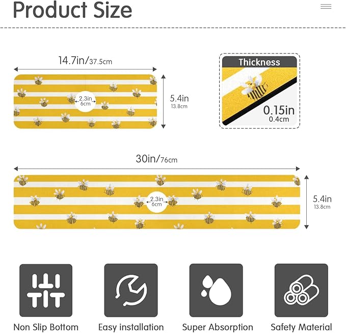 Kitchen Sink Splash Guard 1 PC 30 Inch Sink Faucet Mat Splash Guard for Bathroom Countertop Water Absorbent Foldable Cuttable Soft Washable Yellow and White Striped Bees01