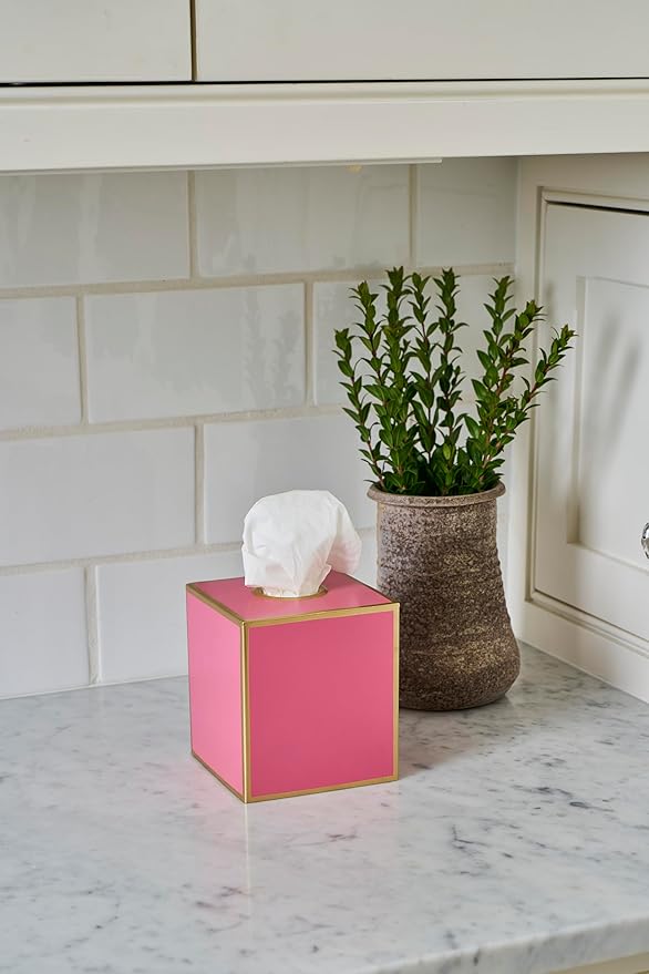 Jaye’s Studio Decorative Square Tissue Box Cover Pink Tissue Holder for Bathroom Bedroom & Home, Metal Tissue Box Holder, Pink Tissue Box Cover Cube, Facial Tissue Dispenser & Farmhouse Decor (6x6x5)
