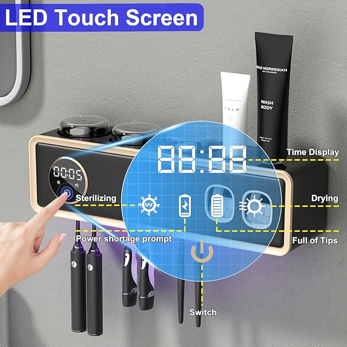 Toothbrush Holders for Bathrooms, UV Toothbrush Sanitizer and Holder Smart Home Bathroom Accessories, 3 Cups Electric Toothbrush Holder Wall Mounted with Toothpaste Dispenser Bathroom Decor (White)