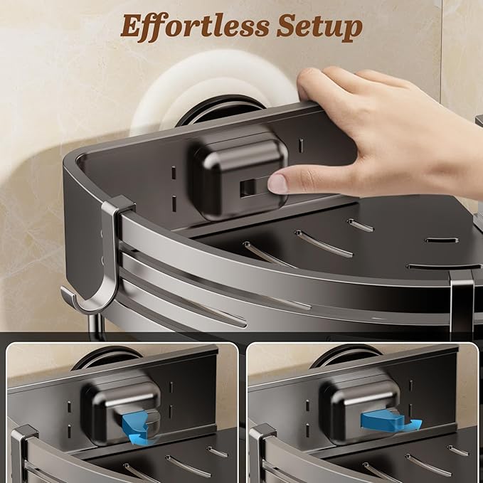 Corner Shower Caddy Suction Cup, 2 Pack Shower Shelves Corner No Drilling, Aluminum Shower Organizer Suction Cup, Removable Bathroom Storage Rack with Towel Bar & Hooks(Gray)
