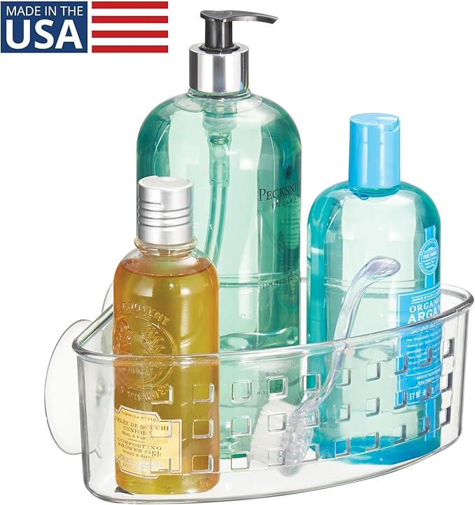 iDesign Plastic Suction Cup Corner Shower Basket for Bathroom Storage - Clear - Made in USA