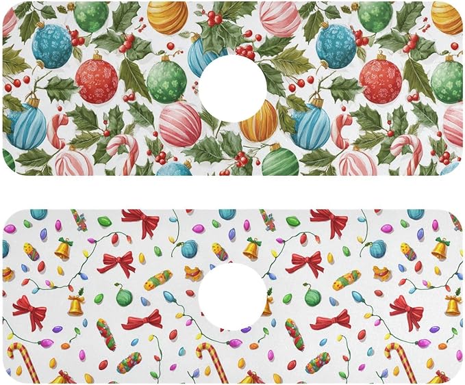 Christmas Baubles Holly Bells Sweet Kitchen Sink Splash Guard Sink Faucet Mat Faucet Handle Drip Catcher Drain Mats for Kitchen Bathroom Countertop Absorbent Dish Drying Pad 2Pack 3
