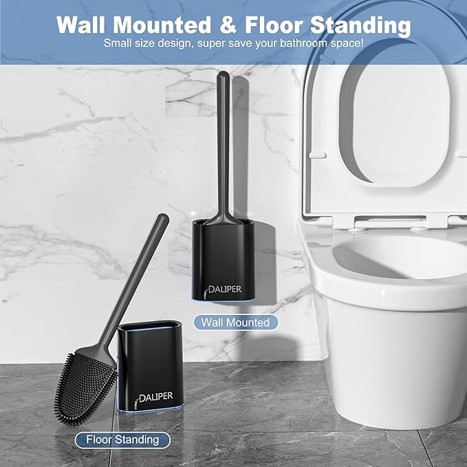 Toilet Brush and Holder Set - Flexible Silicone Toilet Bowl Scrubber Brush, Compact Bathroom Brush with Ventilation Base, Black