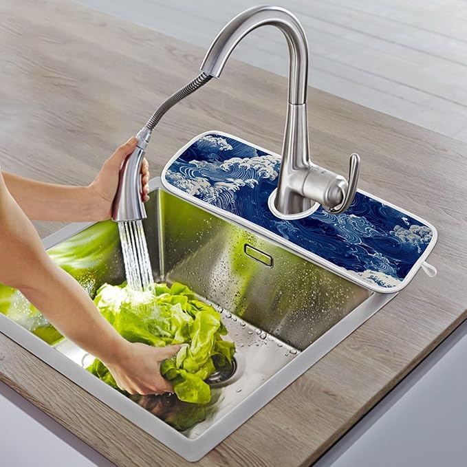 2 PCS Kitchen Sink Splash Guard 14.9 Inch Faucet Mat for Kitchen Sink Bathroom Sink Faucet Absorbing Drip Drain Mat Pad Microfiber Soft Washable Blue Sea Waves