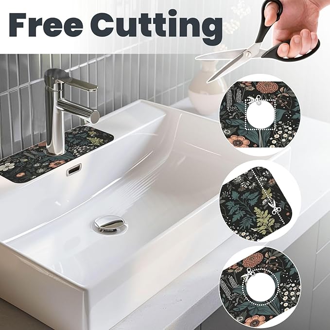Botanical Floral 15" X 5.5" Kitchen Sink Splash Guard, Faucet Guard Draining Mat, Faucet Suction Pad For Kitchen Bathroom