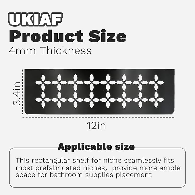 12 Inch Matte Smooth Black Surface Aluminum Material Shower Niche Shelf Rectangular Bathroom Niche Shelf with Floral Design Fits Prefabricated Tile Niches 1 Pack