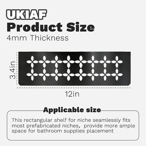 12 Inch Matte Smooth Black Surface Aluminum Material Shower Niche Shelf Rectangular Bathroom Niche Shelf with Floral Design Fits Prefabricated Tile Niches 1 Pack