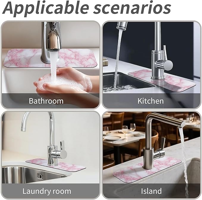 Kitchen Sink Splash Guard，pink white marble Faucet Mat Sink Gadgets-Super Absorbent Fast Drying Mat Drip Catcher for Kitchen, Bathroom,Sink Mat, Dish Drying Mat, Bathroom(15" X 5.5" )