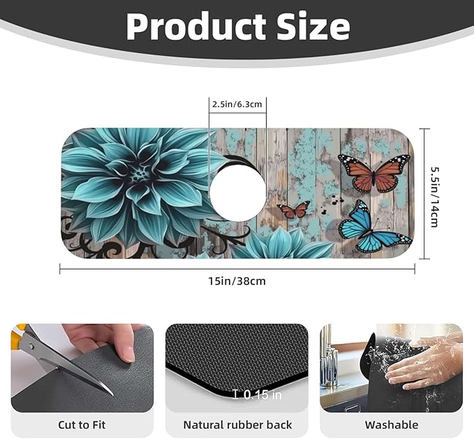 Blue Floral Butterfly 15" X 5.5" Kitchen Sink Splash Guard, Faucet Guard Draining Mat, Faucet Suction Pad For Kitchen Bathroom