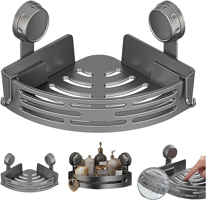 2026 New Suction Cup Corner Shower Shelf, No-Drill Bathroom Corner Shelf Strong, Waterproof Suction Cup, Bathroom Organizers and Storage Countertop for Bathroom Kitchen (Grey-1PCS)
