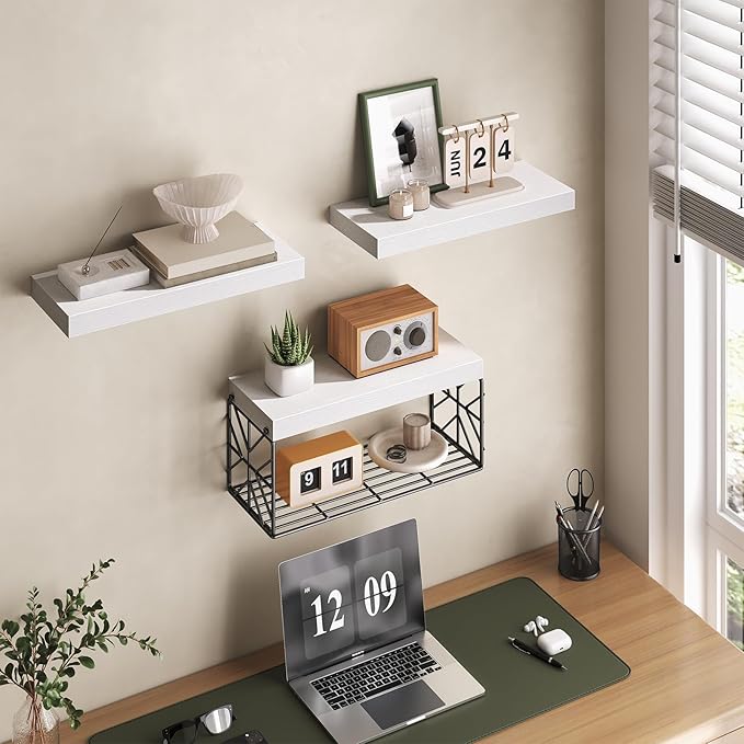 Bathroom Shelves Over Toilet Set of 3, Floating Shelves for Wall Toilet Paper Storage, 1.5" Thick Hanging Shelf, Farmhouse Wall Decor for Bathroom Living Room, Kitchen, White 4001BJWT
