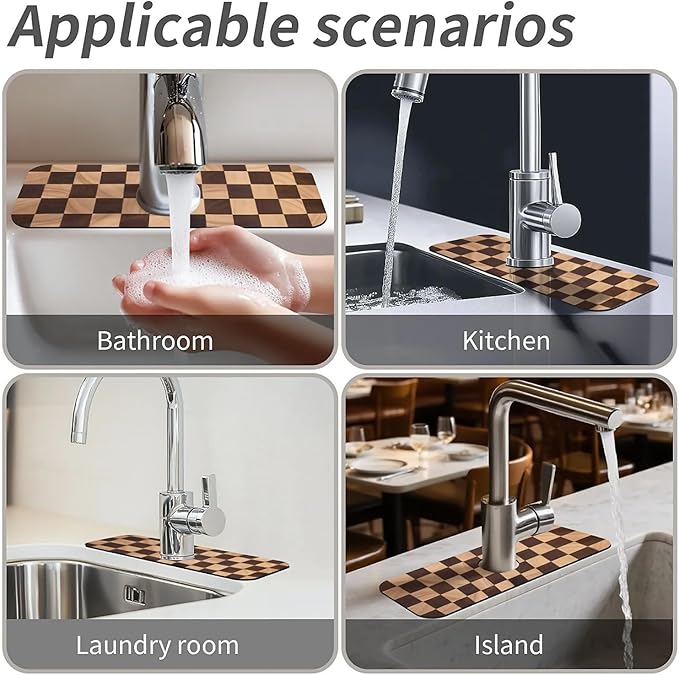 Kitchen Sink Splash Guard，Wooden checkerboard Faucet Mat Sink Gadgets-Super Absorbent Fast Drying Mat Drip Catcher for Kitchen, Bathroom,Sink Mat, Dish Drying Mat, Bathroom(15" X 5.5" )