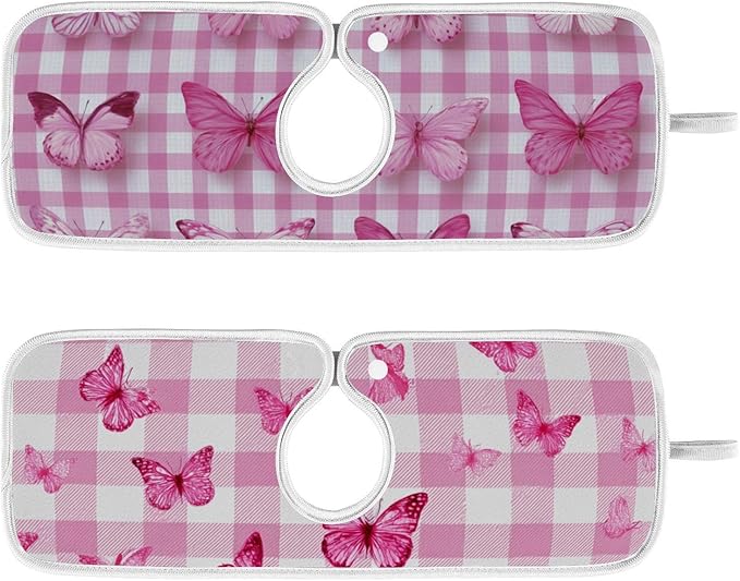 Sink Faucet Absorbing Mat Kitchen Sink Splash Guard Splash Faucet Drip Catcher for Bar RV Bathroom 2PCS 30x5.5in Checkered Pink and White Butterflies