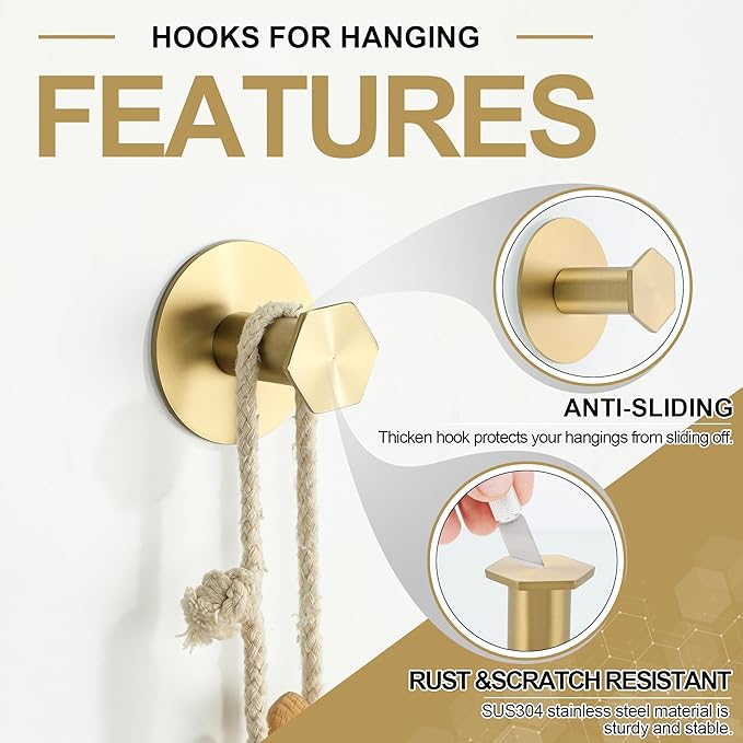 SAYAYO Adhesive Hooks for Hanging Coat, Hat, Robe, Brushes, Stick on Towel Hooks for Bathroom Kitchen, Waterproof SUS304 Stainless Steel Sticky Wall Hooks, No Nails, 4 Pack, Brushed Gold