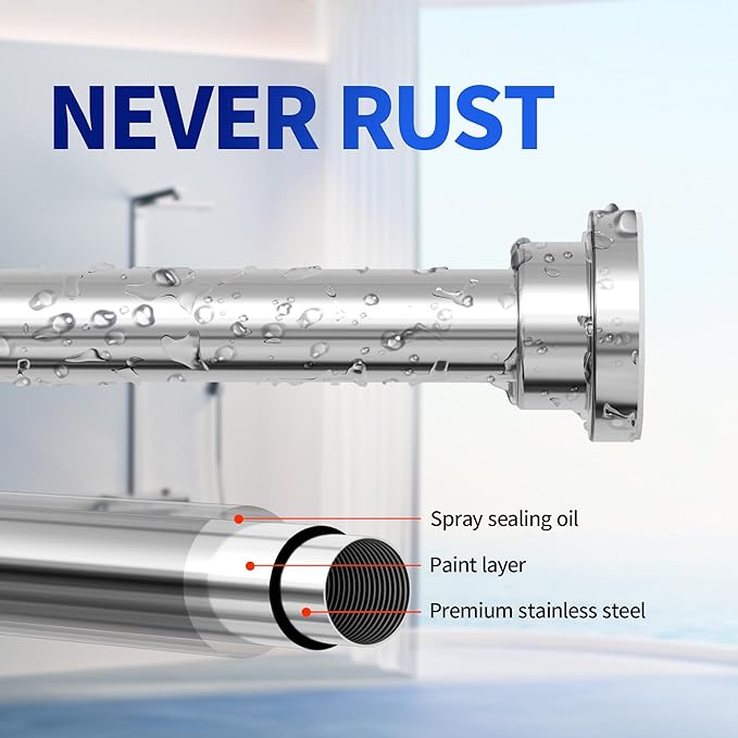 Shower Curtain Rod, 1" Diameter Heavy Duty Tension Shower Rod, Non Slip Adjustable 28-46 inch No Drilling Shower Curtain Rods Spring Tension For Bathroom, Shower Stall, No Rust, Silver