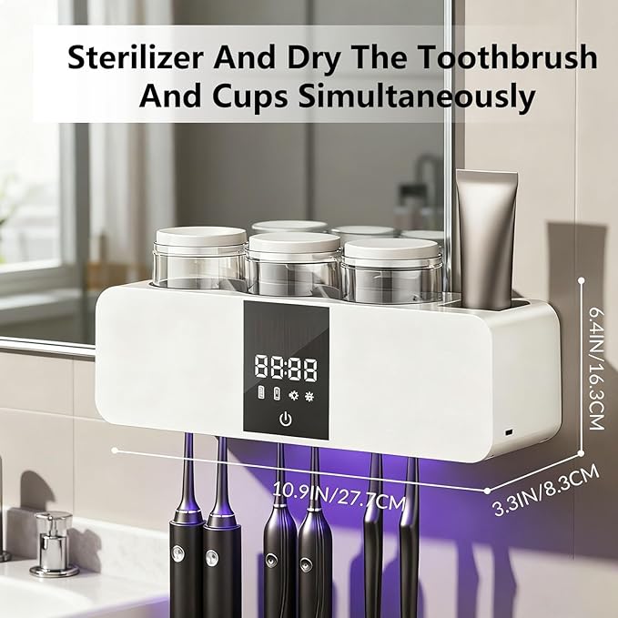 Toothbrush Cleaner Holder, Wall Mounted Tooth Brushing Holder with 3 Cups,No-Drill Installation for Family Home Bathroom Organizer