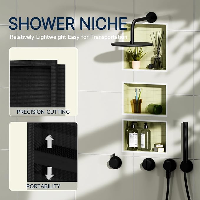 Homevacious Bathroom Wall Niche 14"X34"(14"x14"+14"x20") XPS Shower Niche Insert Tile Ready Triple Waterproof Shelf Black Recessed Shower Boxes with Removable Shelf for Bathroom Storage