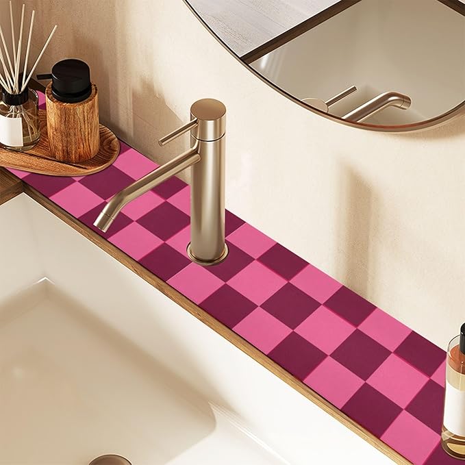 Checkered Hot Pink Kitchen Sink Splash Guard Sink Faucet Mat Faucet Handle Drip Catcher Drain Mats for Kitchen Bathroom Countertop Absorbent Dish Drying Pad 2Pack 30x5.4IN