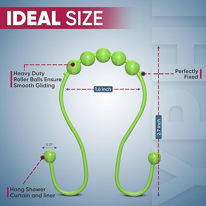 Shower Curtain Hooks Rust Proof (Set of 12) - Stainless Steel Shower Curtain Rings - Anti Slip Roller Balls for Easy Glide (Omega Double Hooks, Lime Green)