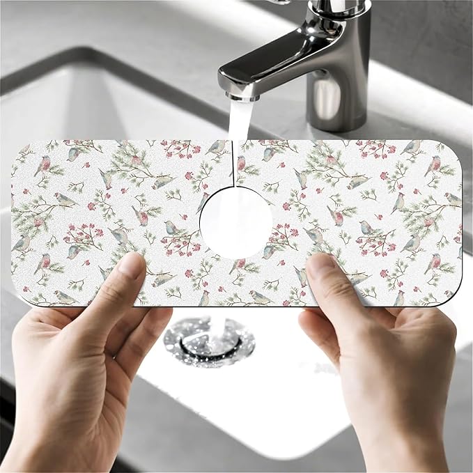 Faucet Draining Mat For Kitchen Sink, Vintage Watercolor Birds Diatom Mud Absorbent Drain Pad For Bathroom Kitchen Sink Splash Guard Drying Mat