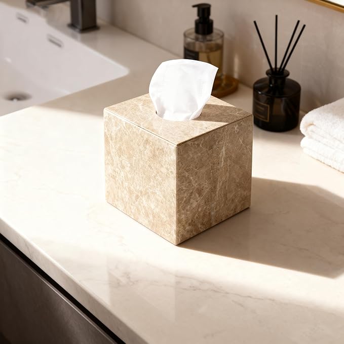 Natural Marble Tissue Box Holder Cover, Square Cube Tissue Box Holder with Open Bottom for Bathroom Vanity Tops, Bedroom Dressers, Kitchen Countertop, Light Brown (NS042)