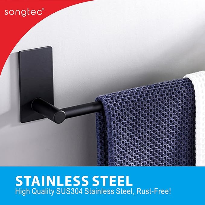 Adhesive Bath Towel Bar 24-inch Black, No Drill Stick On Towel Rack, Easy Install with Self-Adhesive, Premium SUS304 Stainless Steel (Black, 24)
