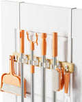 Mop and Broom Holder Wall Mount, No Drill Over the Door Broom and Mop Holder with 4 Slots and 4 Hooks, Wood Tool Hanger for Laundry, Cabinet, Kitchen, Garage