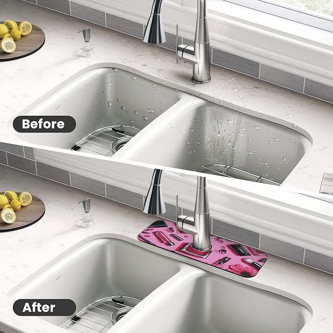 Beauty Makeup Set Pink 15" X 5.5" Kitchen Sink Splash Guard, Faucet Guard Draining Mat, Faucet Suction Pad For Kitchen Bathroom