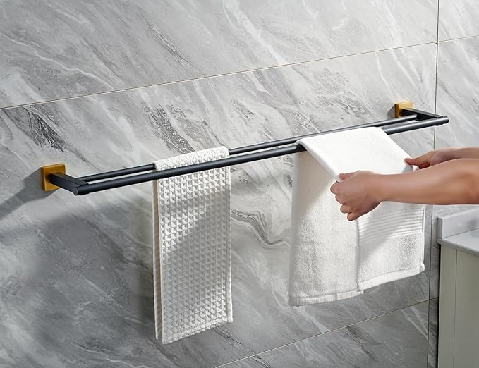 Miyili Double Bath Towel Bar Stainless Steel 36-Inch Hand Towel Rack for Bathroom Wall Mount Black & Gold, A02BG90B