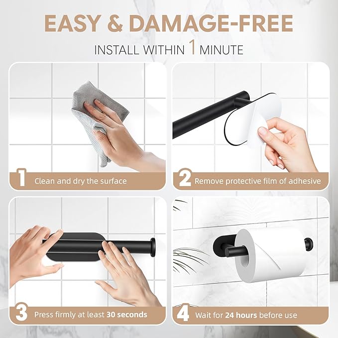 2 Pack Toilet Paper Holder, Adhesive Toilet Paper Holder Wall Mount, Premium Thicken SUS304 Stainless Steel, No Drilling Toilet Paper Stand Roll Holder for Bathroom Kitchen RV, Matte Black