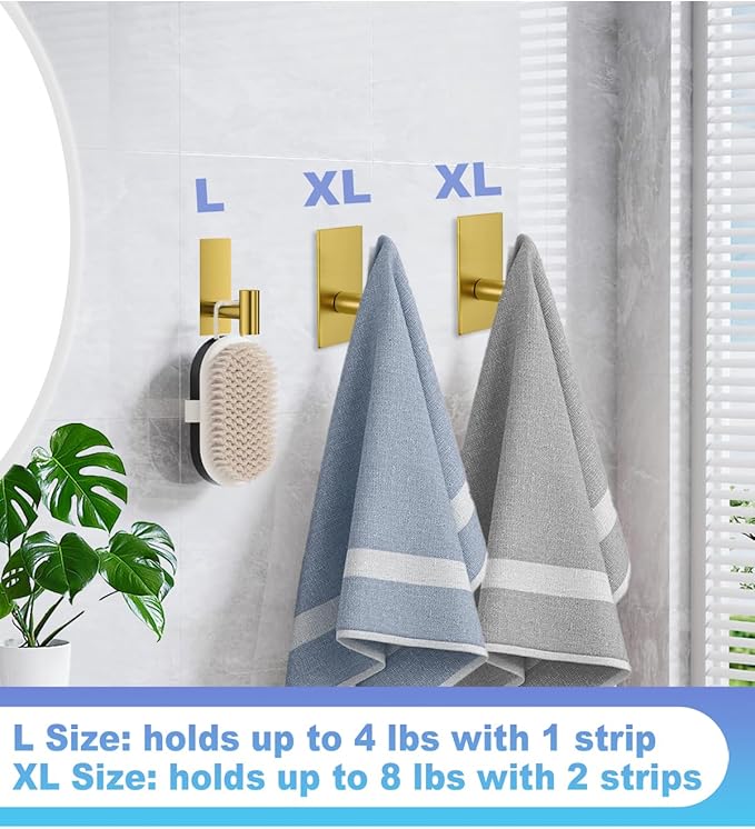 5 Pcs Towel Hooks Heavy Duty for Hanging，Adhesive Wall Hooks with Removable Strips，Sticky No Damage，Outdoor for Bathrooms，Shower，Stockings，Decor，Robe，X-Large，Gold 304 Stainless Steel
