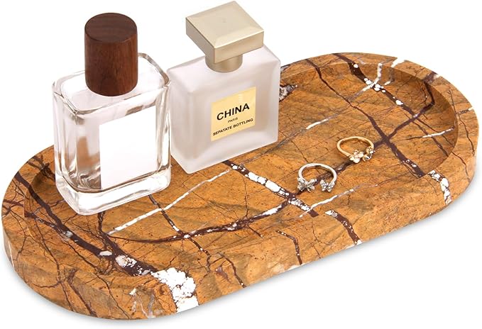 Oval Marble Bathroom Vanity Tray, Natural Luxury Marble Home Kitchen Bathroom Table Tray, Stone Decorative Countertop Serving Trays for Coffee Perfume Jewelry Makeup (Rainforest Brown, 10 * 5 * 0.6)