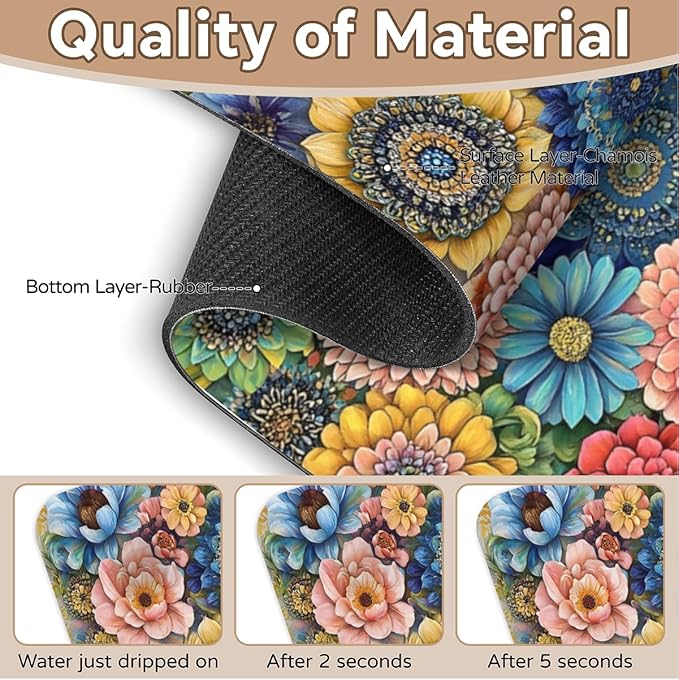 Kitchen Sink Splash Guard Faucet Mat Boho Flowers 2PCS Super Absorbent Fast Drying Faucet Guard & Draining Mat Sink Splash Guard Behind Faucet Drip Catcher for Kitchen Bathroom RV (15.4" X 5.7" )