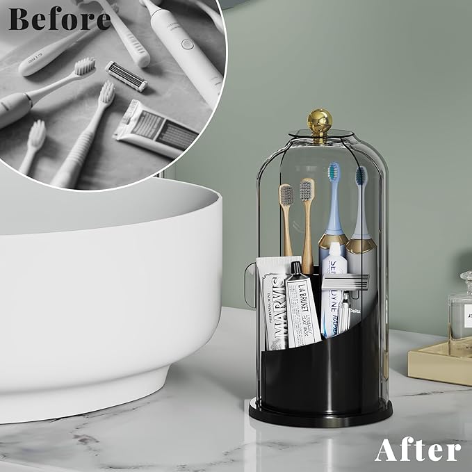 Delamu Covered Toothbrush Holder with 180° Dustproof Sliding Lid, Toothbrush Organizer with 360° Smooth Rotating Base, 3 Slots Makeup Brush Organizer for Vanity, Black