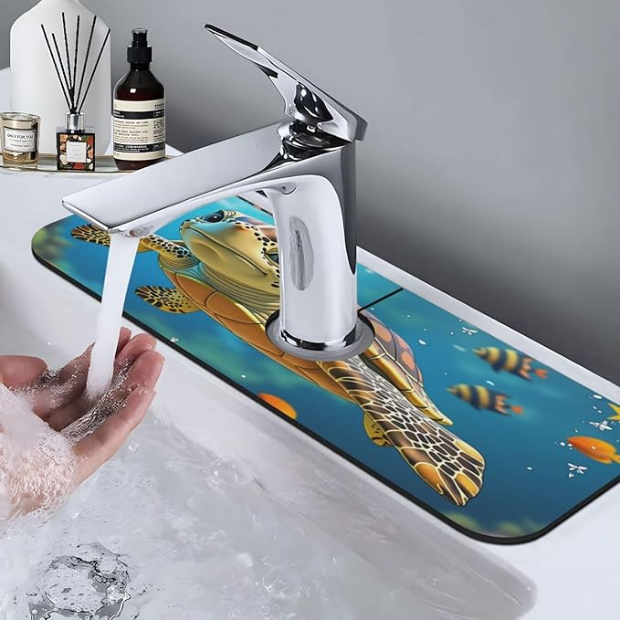 Turtle Ocean Life 15" X 5.5" Kitchen Sink Splash Guard, Faucet Guard Draining Mat, Faucet Suction Pad For Kitchen Bathroom