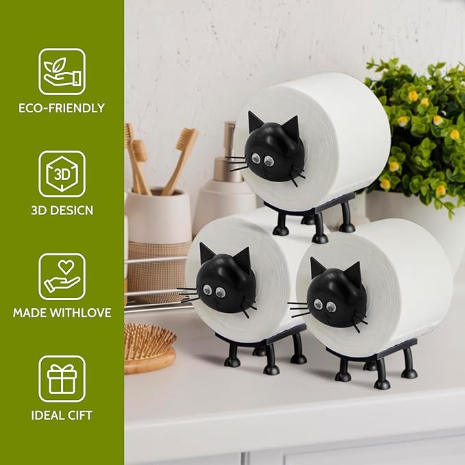 Cat Toilet Roll Holder: Tissue Paper Roll Storage Stand - 3D Printed Black Cat Loo Roll Holder - Toilet Paper Holder Bathroom Set for Bathroom Shelf Housewarming Gift Bathroom Decor (Cat-3Pcs)