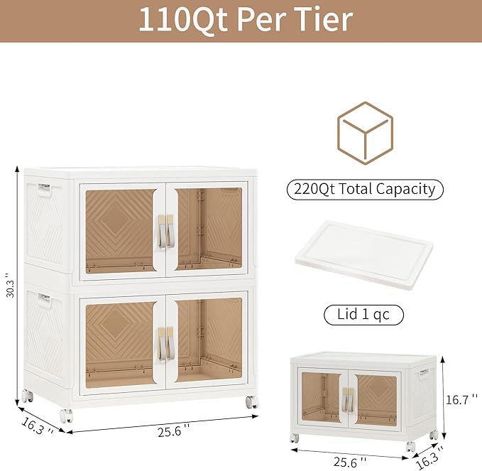 Large Stackable Storage Bins with Lids, 220QT-110QT*2Tier Foldable Cabinet for Closet Organizers, Plastic Storage Containers Box with Wheels
