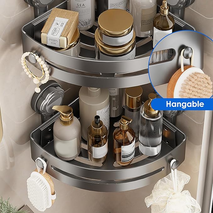 No-Drill Black Suction Corner Shower Caddy – Rustproof ABS Plastic Wall-Mounted Bathroom Organizer Rack, Space-Saving Shower Shelf