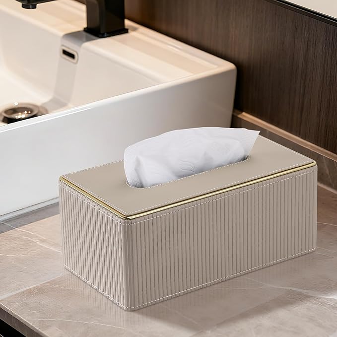 GORESE Rectangular Tissue Box Cover, PU Leather Kleenexs Box Cover, Rectangle Decorative Tissue Box Holder for 120(3-Ply)/160(2-Ply) Tissue Box, Beige
