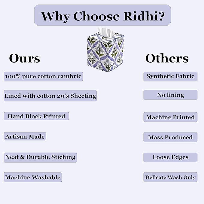 Ridhi Light Steel Blue Block Print Tissue Box Cover Handmade Cotton Fabric Decorative Square Napkin Holder for Home Bedroom Living Room Bathroom Vanity Countertop Car Night Stands Office Kitchen