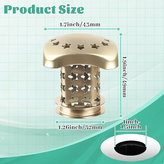 Bathtub Drain Hair Catcher Push Stopper,Stainless Steel Tub Drain Protector,Suitable for US Standard 1in-1.5in Diameter of Drain Hole (Brushed Gold)