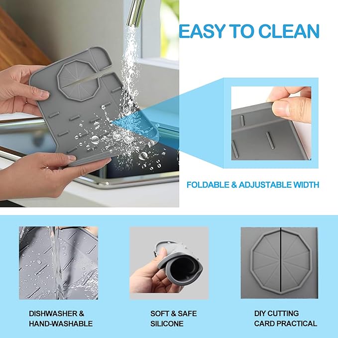 Mini Splash Guard 8.3" Dual-Sided Faucet Splash Guard Small Faucet Handle Drip Catcher Tray for Kitchen Sinks and Bathrooms, Durable Kitchen Countertop Drying Essential (Grey)