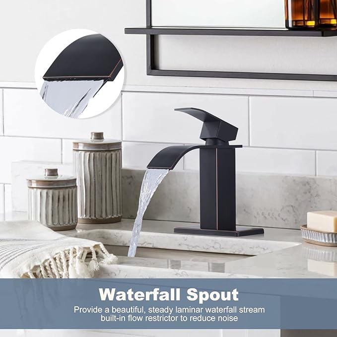 Oil Rubbed Bronze Bathroom Faucet: ARCORA Waterfall Spout Faucet for Bathroom Sink Single Handle Mixer Tap Lavatory Vanity Sink Faucet with Deck Plate and Pop Up Drain, 1 or 3 Hole