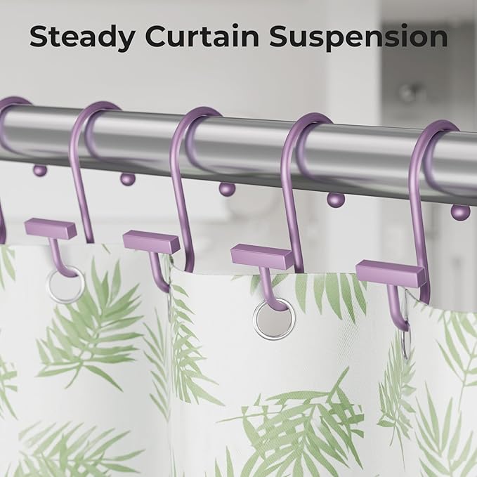 Purple Shower Curtain Hooks, Bathway Shower Curtain Rings Rust Proof, 12PCS Shower Hooks for Shower Curtain, T-Bar Design Convenient Elegant Shower Curtain Hangers for Bathroom Kitchen Wardrobe